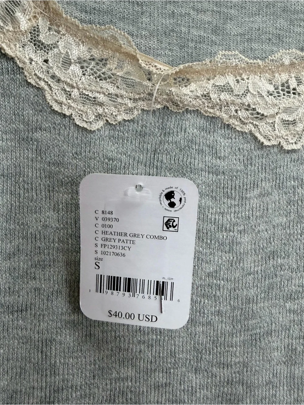 Free People Shirt Womens Small Gray Oh My Darling Long Sleeve Top Lace Trim NWT
